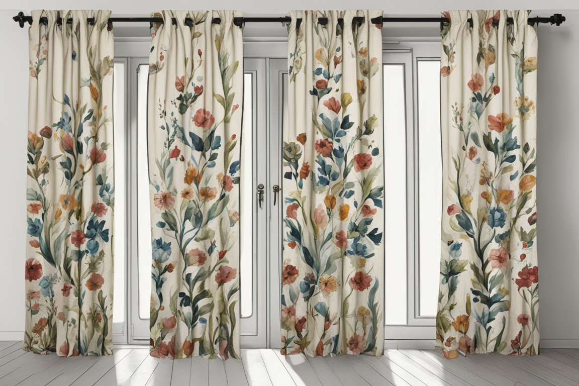 Curtains with hand-painted floral design