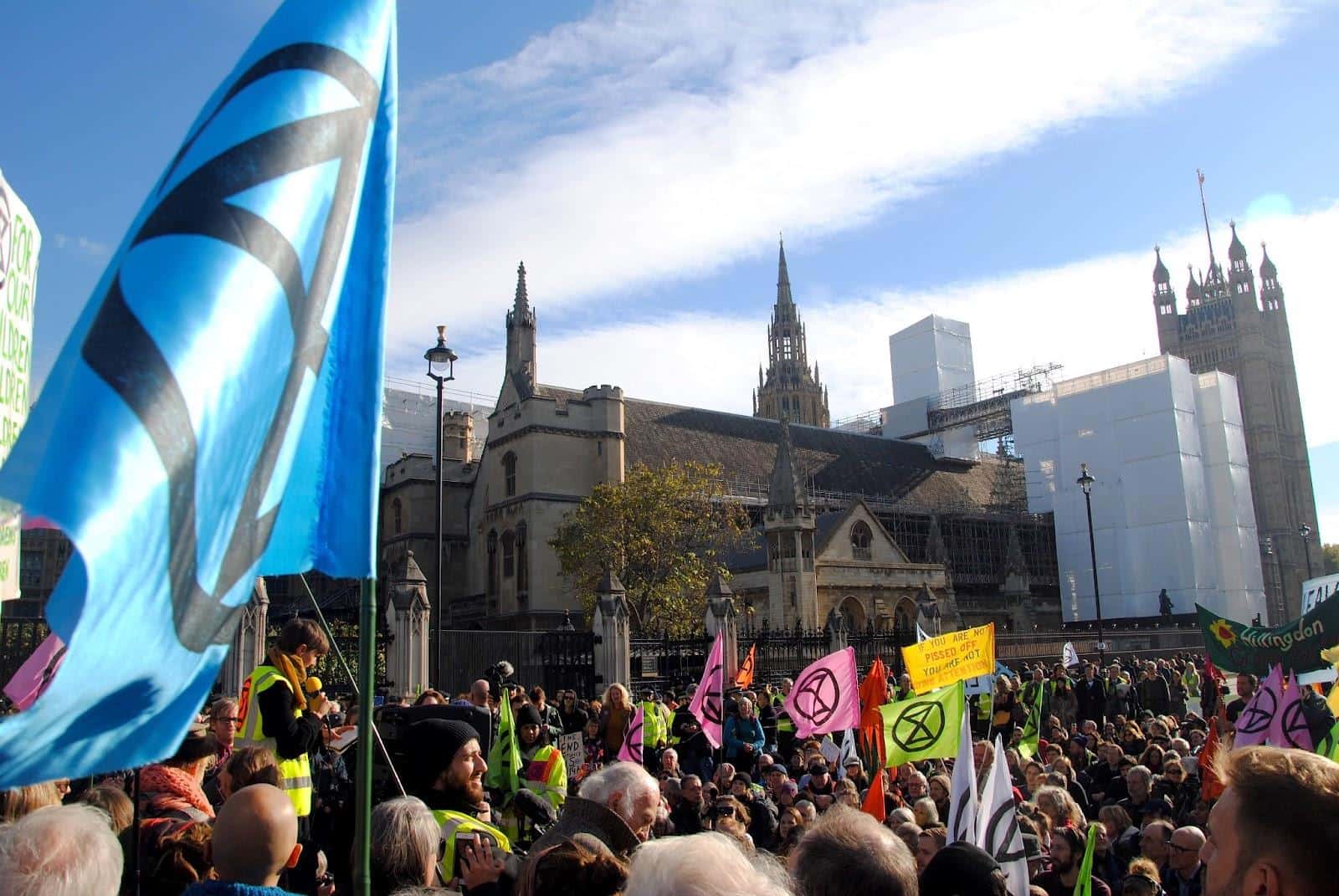 A crowd dotted with XR flags stand outside the Houses of Parliament in London on a sunny day