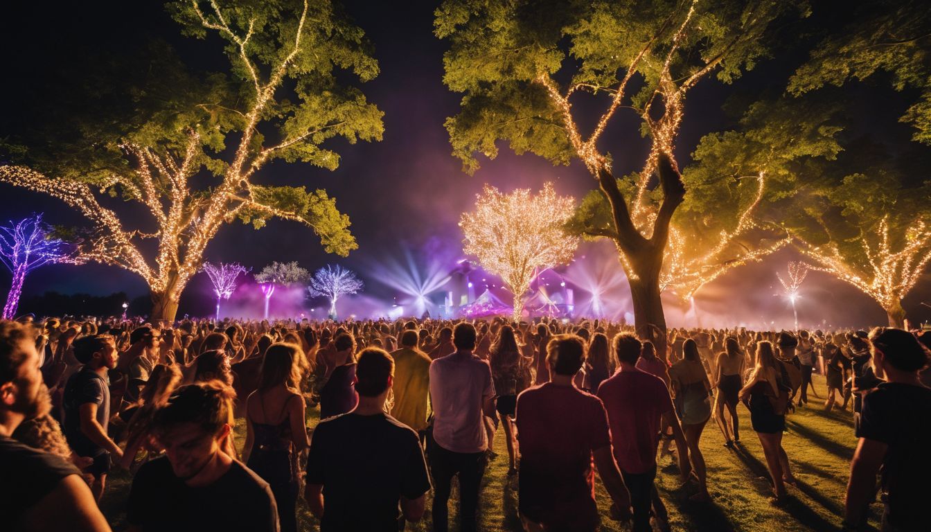 A group of friends dancing under illuminated trees at Bonnaroo.