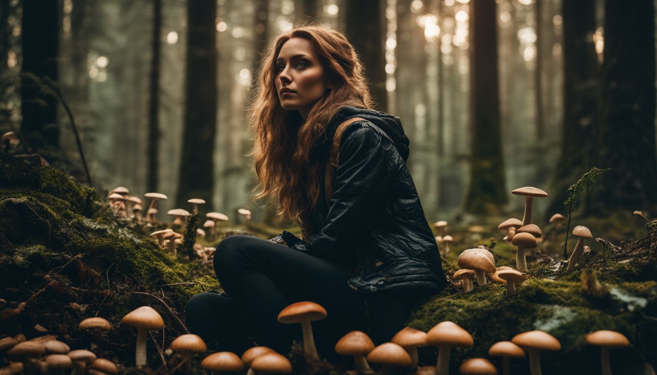 A person standing in a dark forest surrounded by mushrooms.