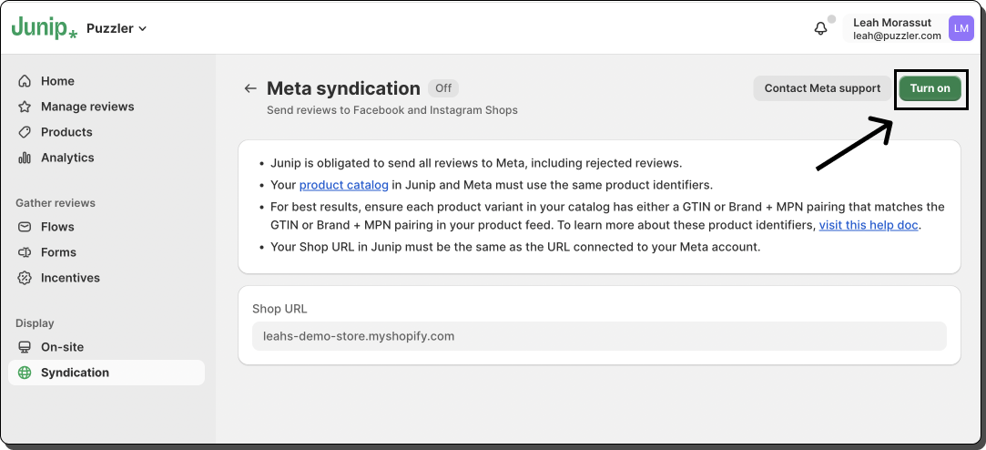 Setting up Meta review syndication in Junip