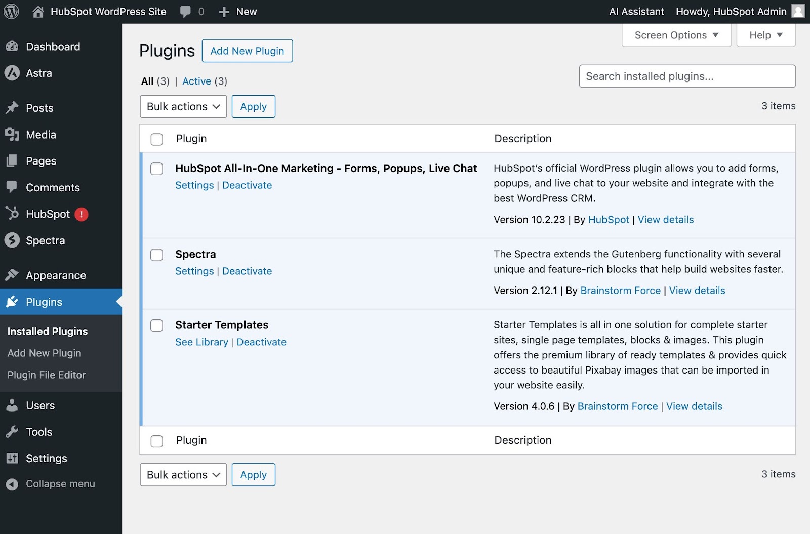 plugins page on a wordpress website