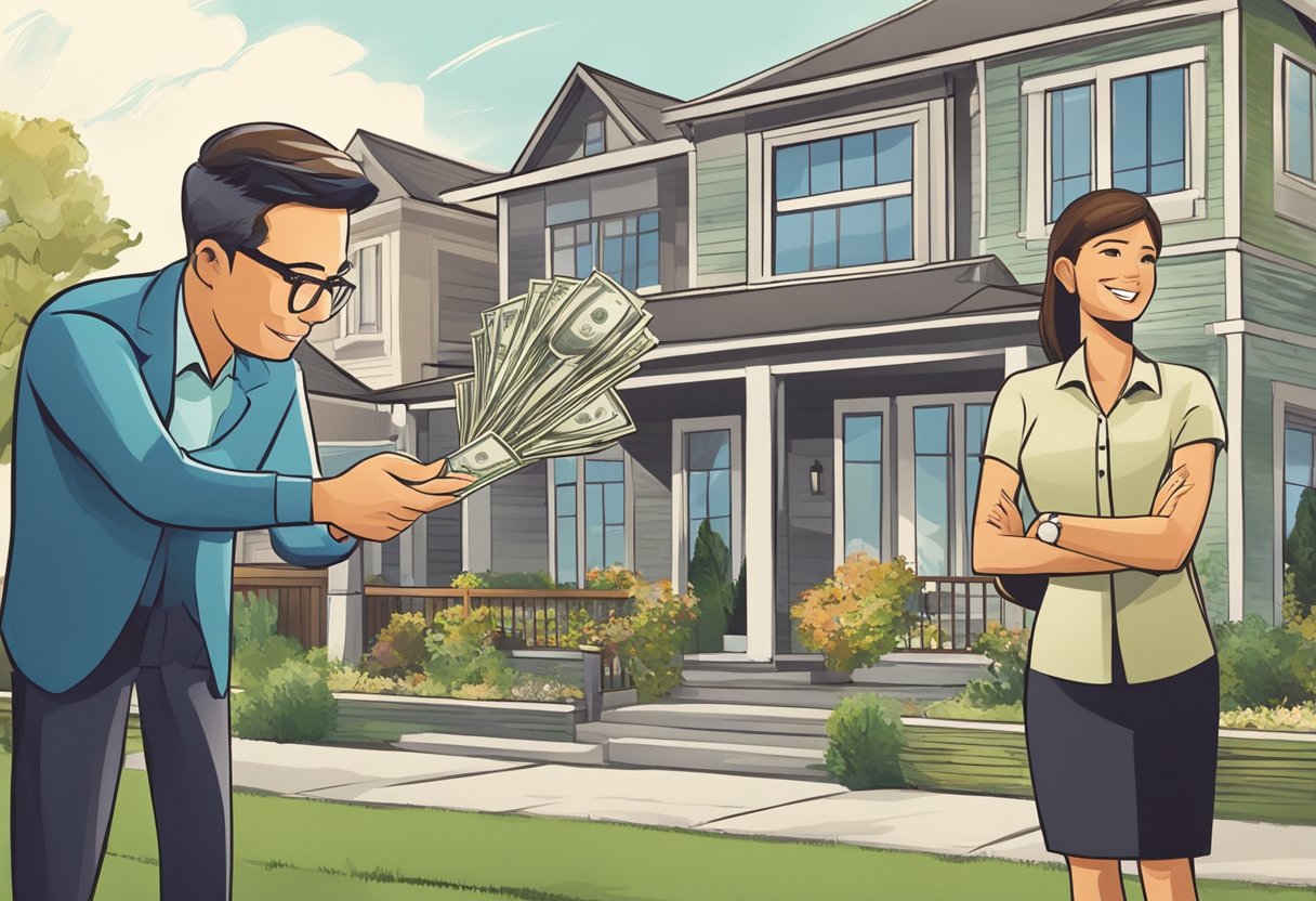 A homeowner receives a stack of cash from a buyer, while a real estate agent looks on with a satisfied expression