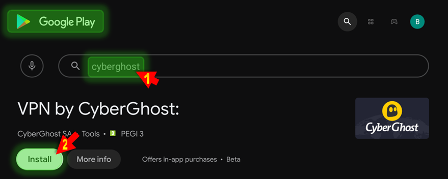 Screenshot of search result for CyberGhost in Google Play