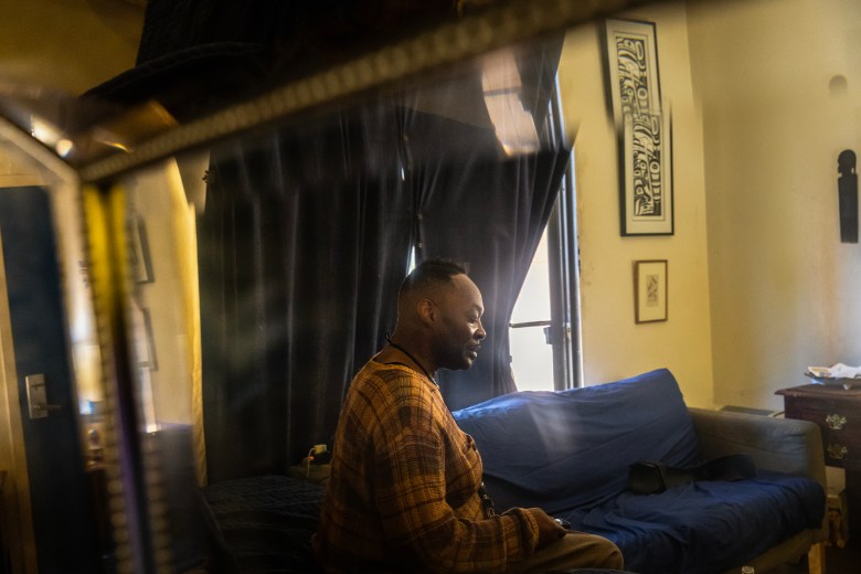 Corey Lafayette, 53, in his studio apartment in Japantown after his eviction case reached a tentative settlement on Nov. 20, 2023. Photo by Manuel Orbegozo for CalMatters