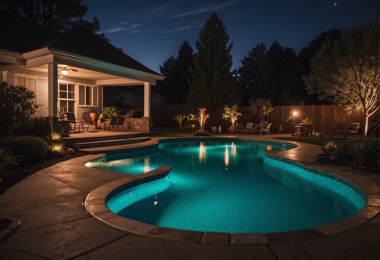 A backyard pool at night, softly illuminated by underwater and landscape lighting, casting a warm and inviting glow over the water and surrounding area