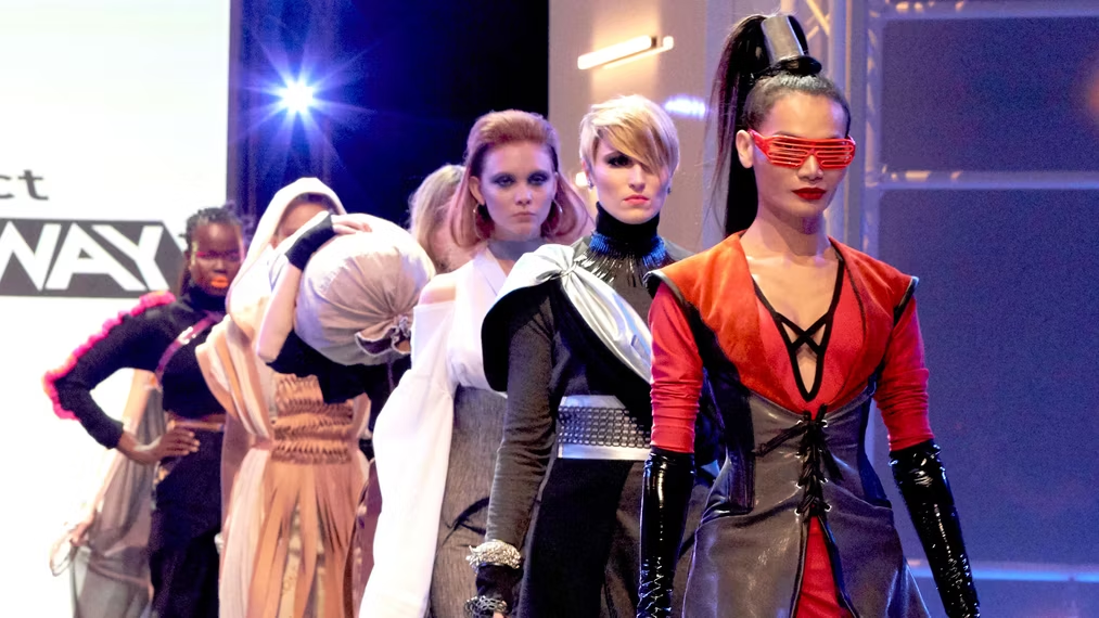A screenshot of the Project Runway episode on video game fashion
