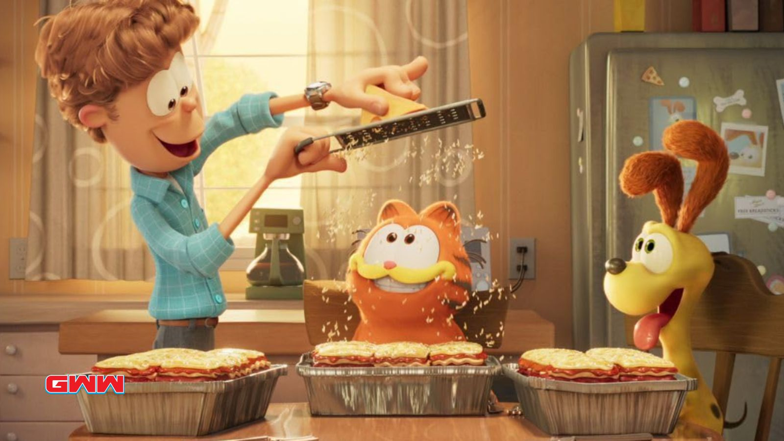 Garfield and Odie about to eat lasagna, The Garfield Movie trailer