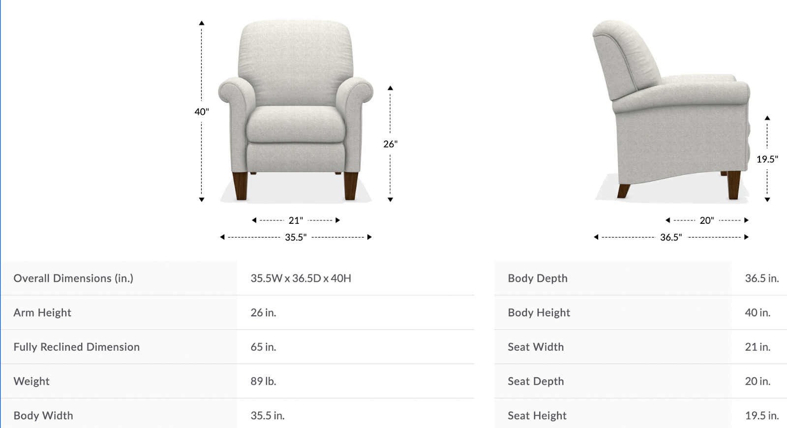 fletcher high leg reclining chair dimensions