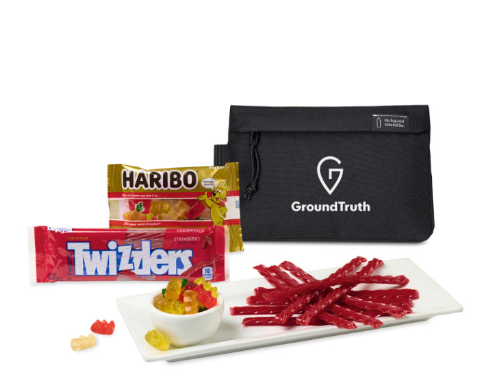 Screenshot of a black pouch, Haribo, and Twizzlers.