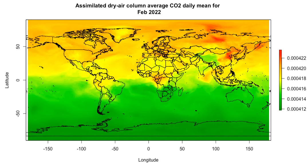 World map showing the average CO2 assimilated on 28 Feb 2022 for the different regions of the earth.