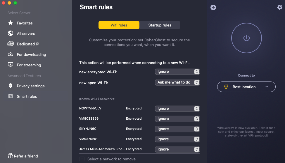 CyberGhost Smart Rules MacOS menu testing 