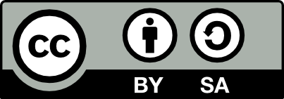 A symbol of the letters CC. A symbol of a stick figure with the letters BY underneath. A symbol of an upside down C with an arrow on one end with the letters SA underneath.