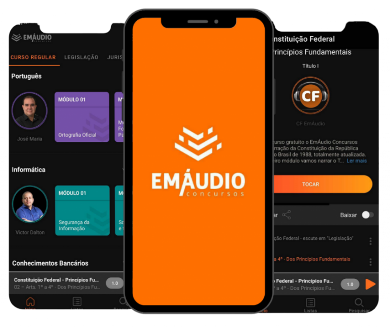 Celular com o aplicativo EmÁudio Concursos.