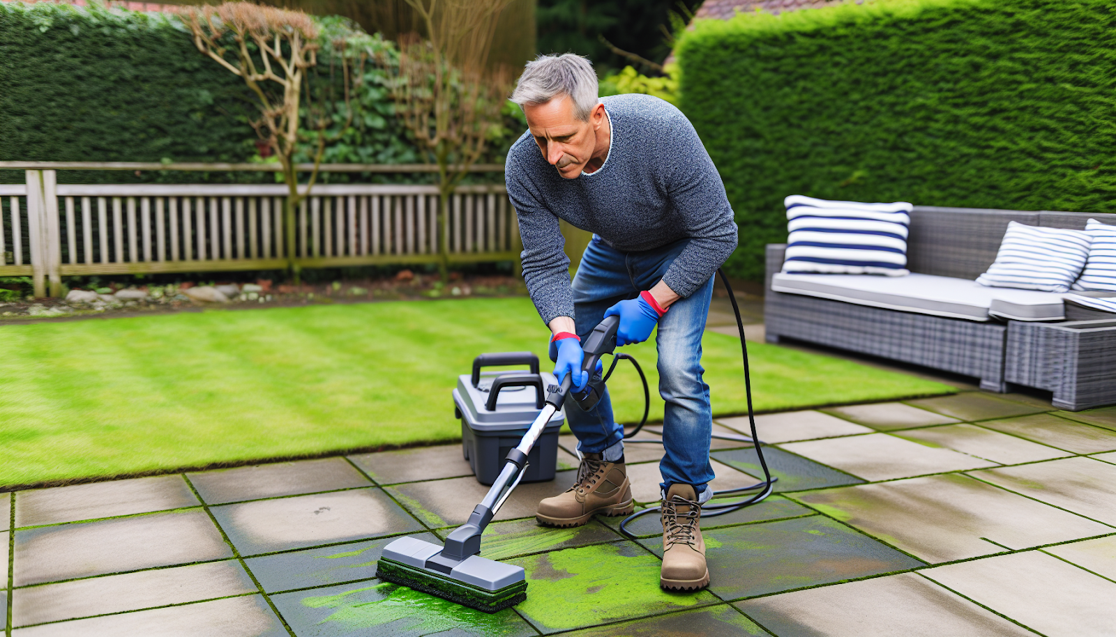 Removing green algae and moss from patio slabs