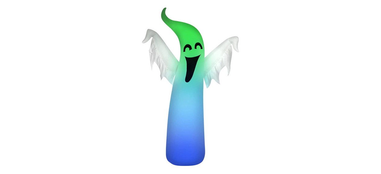 Blue and green inflatable ghost for yard on white background