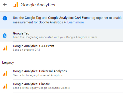 Select Google Analytics 4: GA4 Event to create a custom GA4 tag in GTM