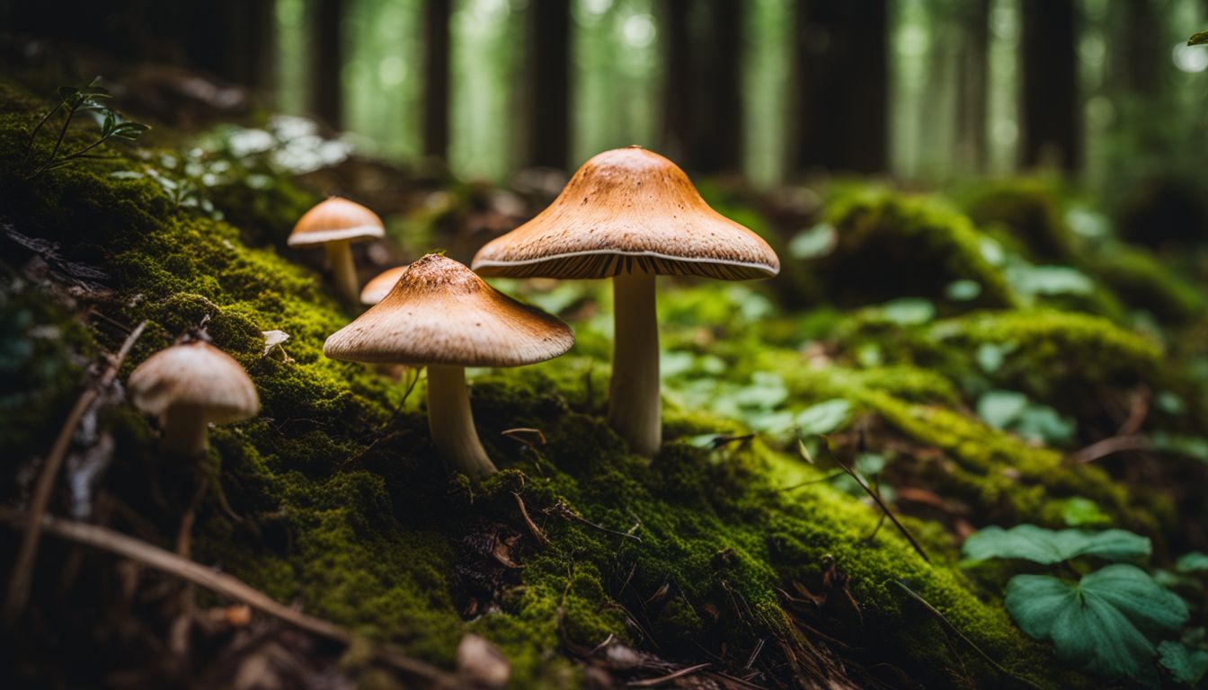 A photo of Psilocybin mushrooms growing in a lush forest with diverse people.