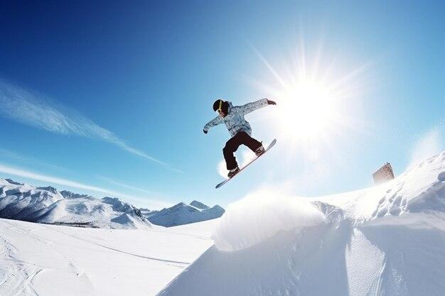 Free photo jumping snowboarder on snowboard in mountains ai generative