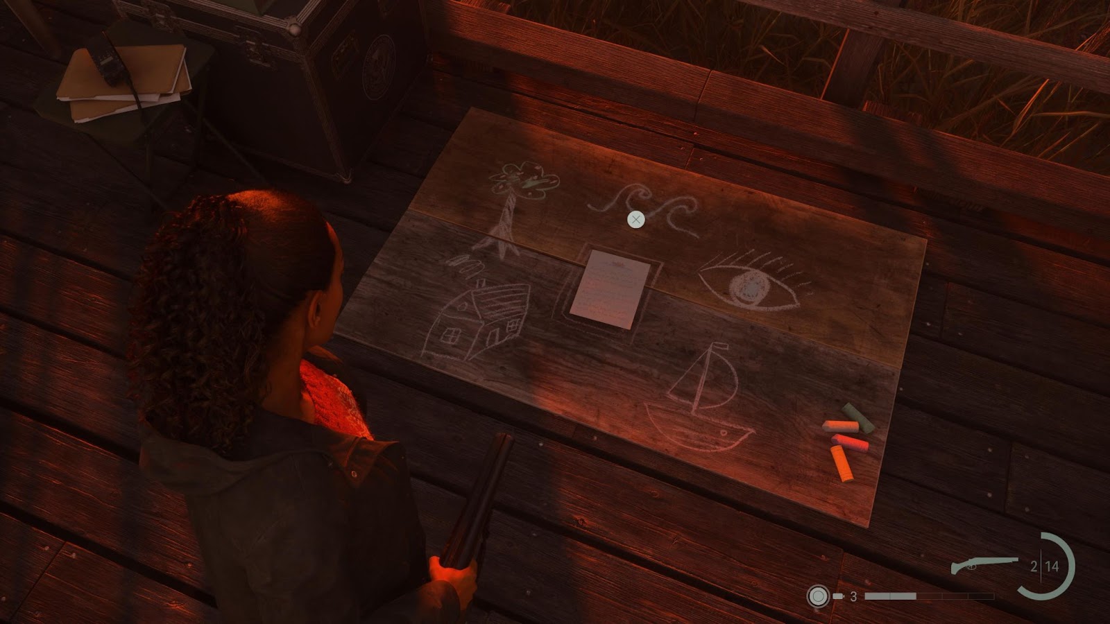 An in game screenshot of the boatyard nursery rhyme from Alan Wake 2. 