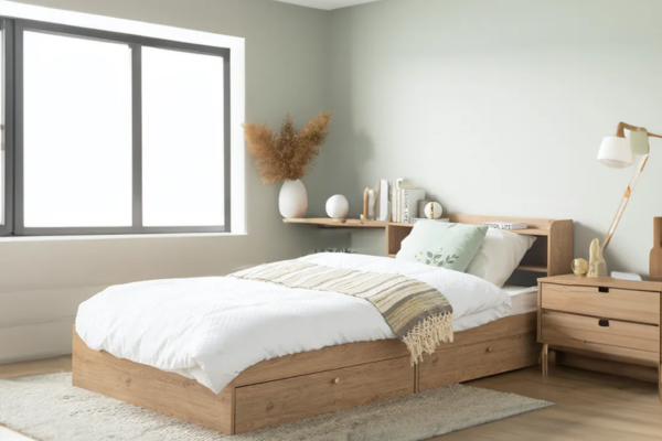 Wooden super single bed frame with a storage headboard and under bed storage.