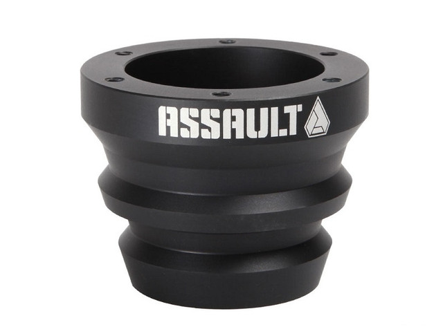 A Honda Talon Steering Wheel Hub by Assault Industries, bearing the Assault Logo, uninstalled and against a blank background.