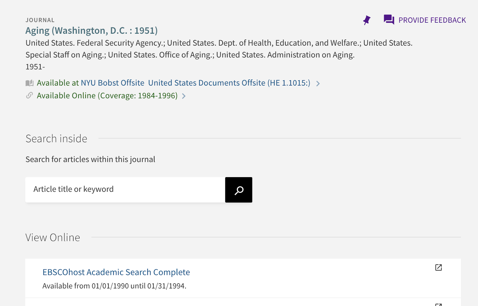 Full item display for the journal Aging, with the "Search inside" section's search bar prompt displaying "Article title or keyword".