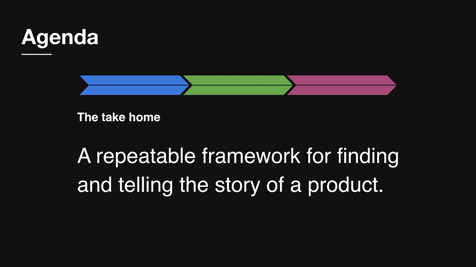 The take home: A repeatable framewok for finding and telling the story of a product.