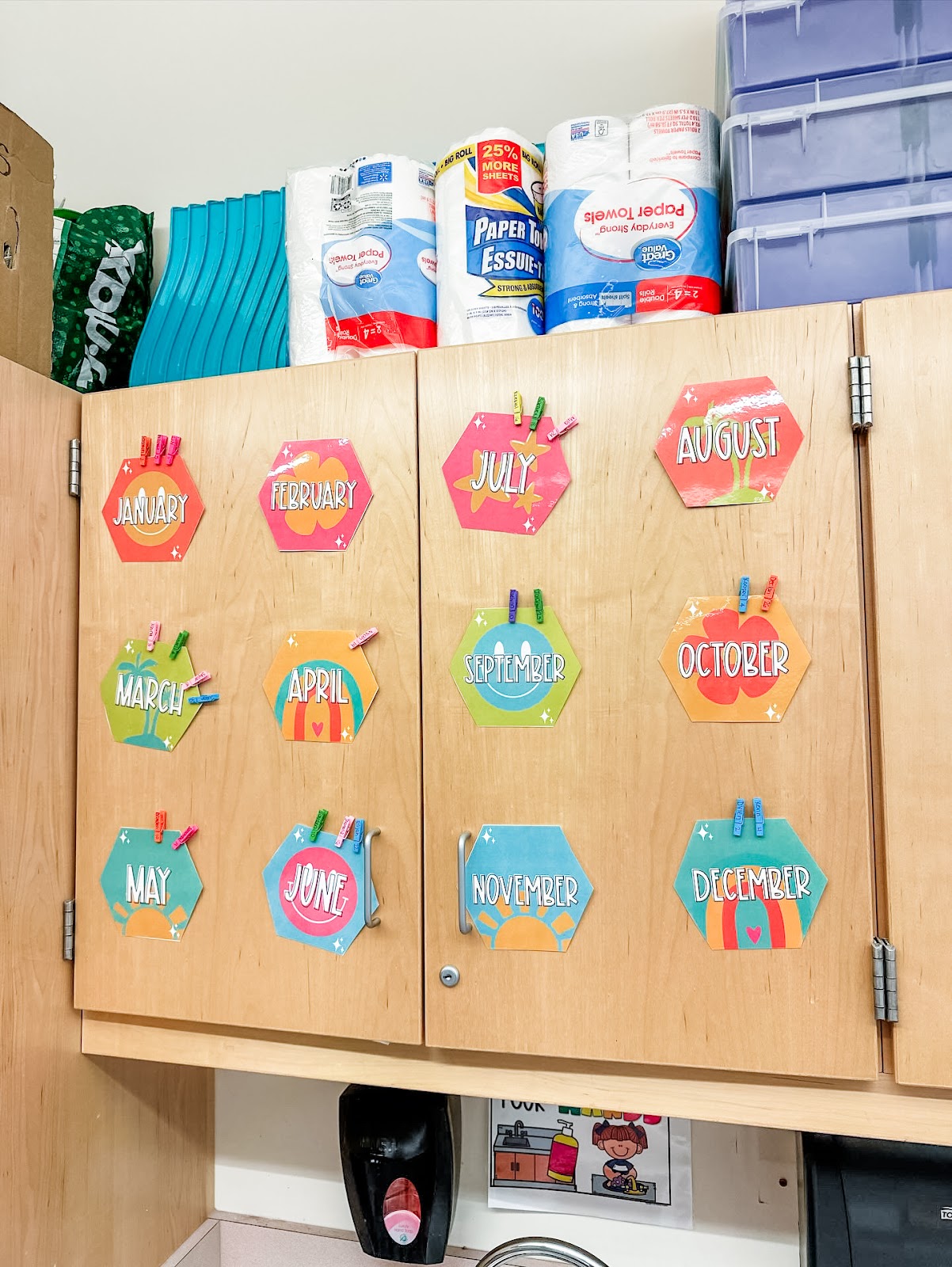 This image shows cabinet doors with a birthday display. There are twelve hexagons for each month of the year with clothespins around them. The clothespins represent students who have birthdays during that month. 