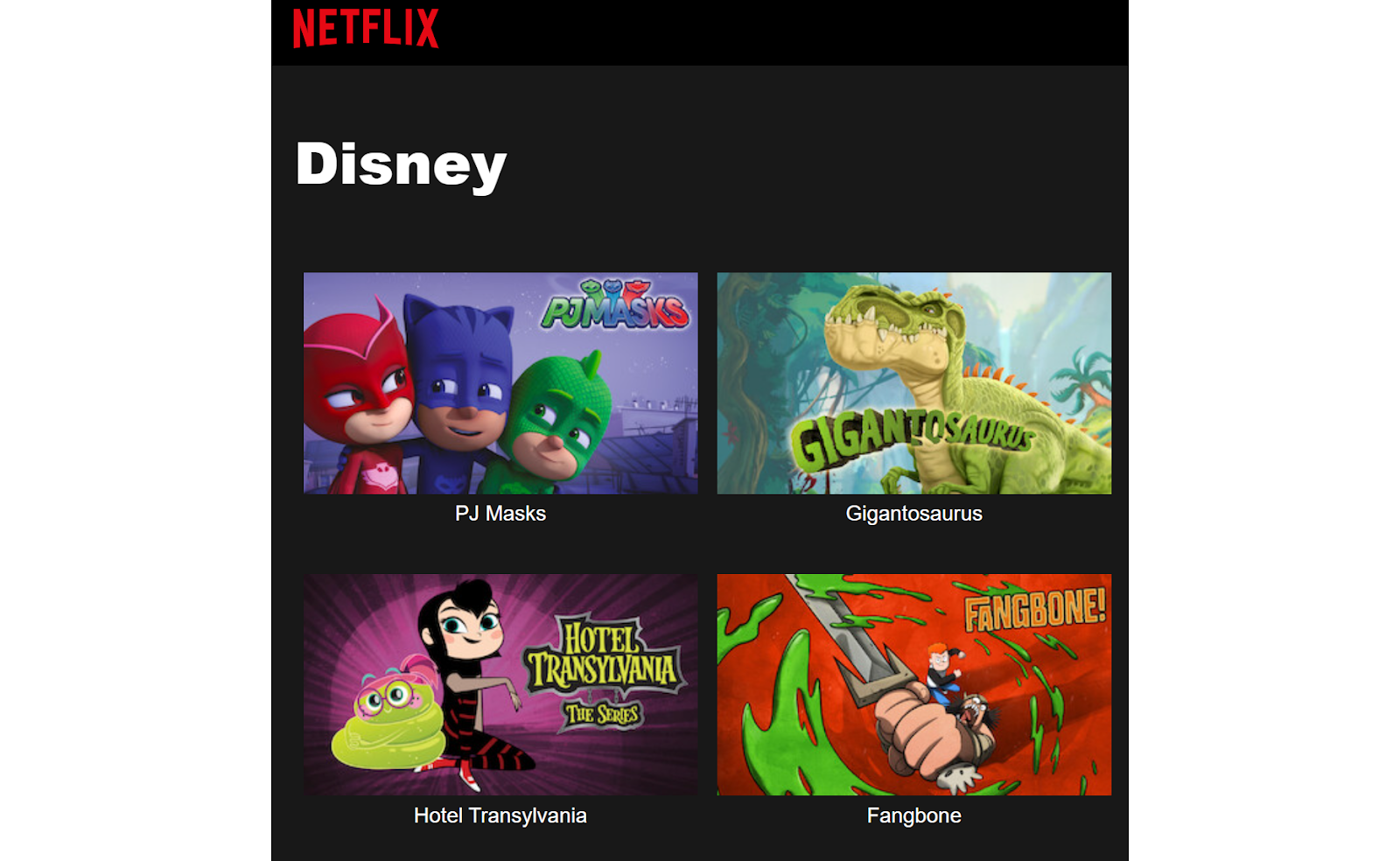 Schermata dei contenuti Disney su Netflix
