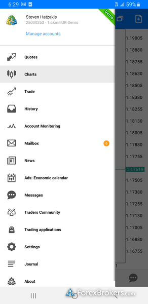 Tickmill MT5 mobile trading app settings
