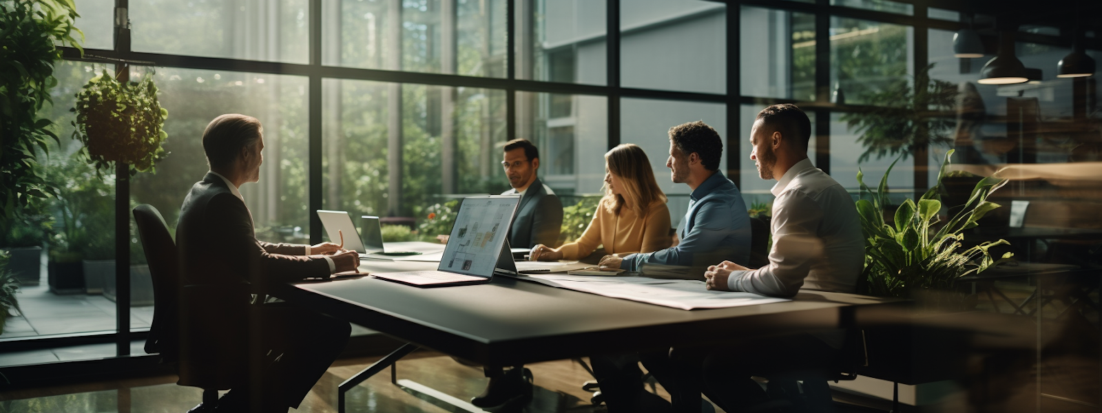 a professional team of marketers discussing strategies and analyzing data in an office in vancouver, wa.