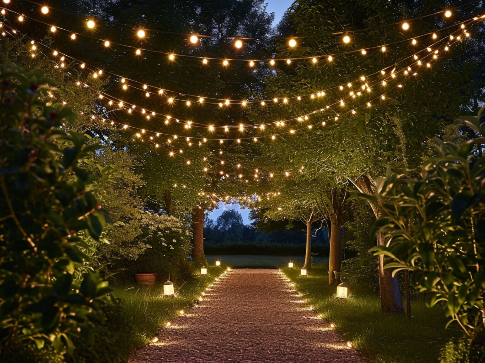 A garden illuminated with a mix of string lights, pathway lights, and ground lamps