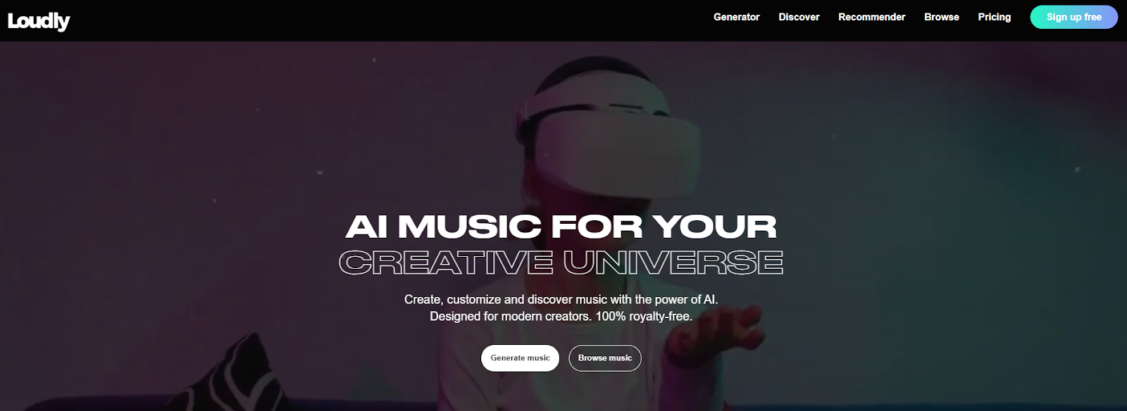 The homepage for Loudly AI music generator.