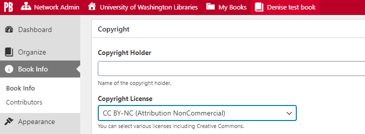 screenshot of Book Info... Copyright License in the Dashboard