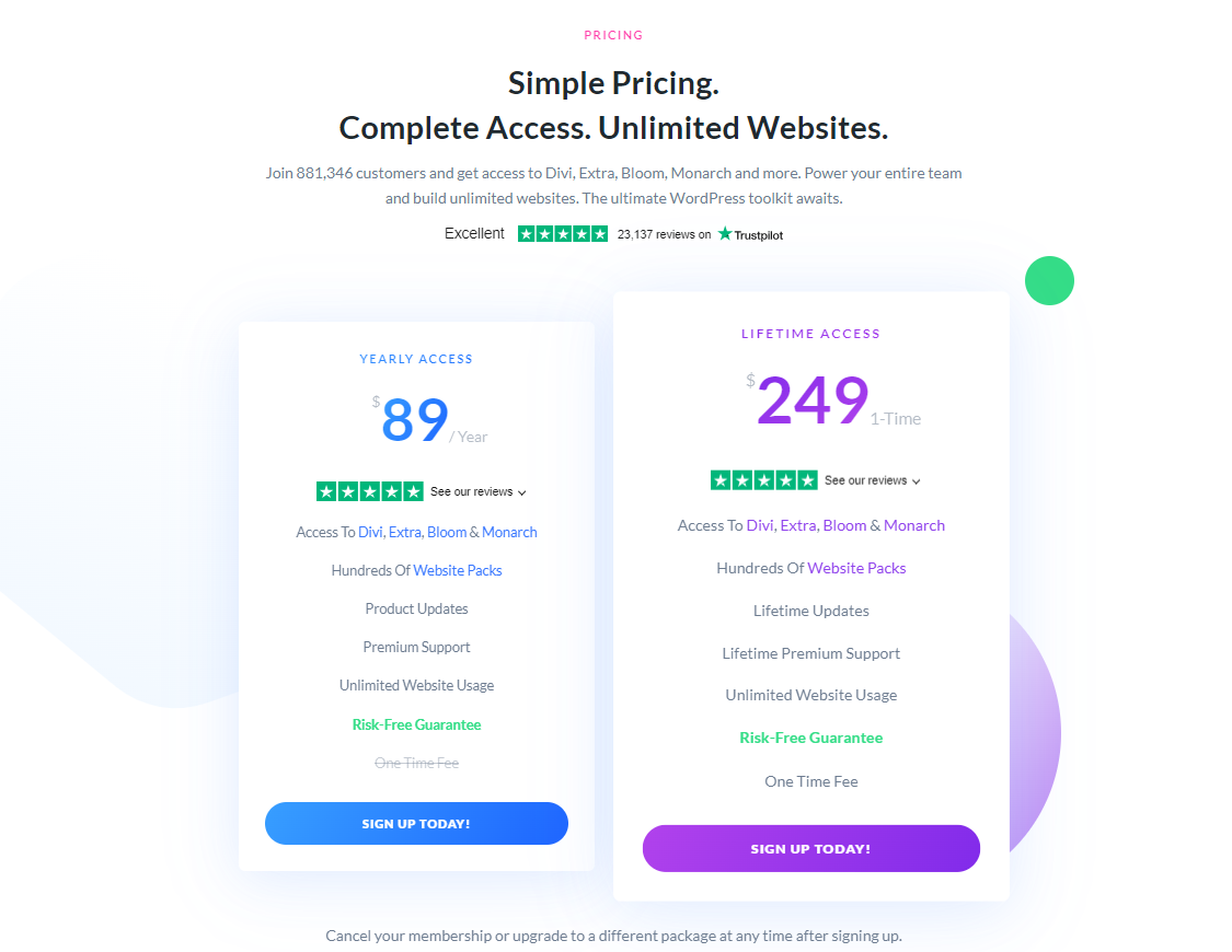 The pricing page for Divi AI access.