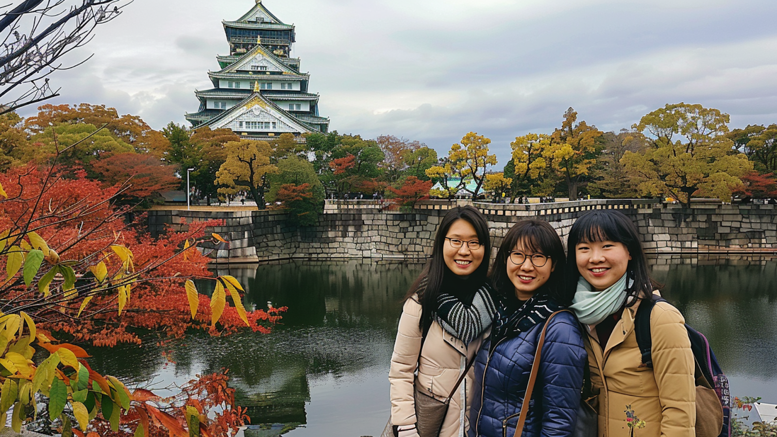 Three women posing for the camera with the Osaka Castle as their backdrop