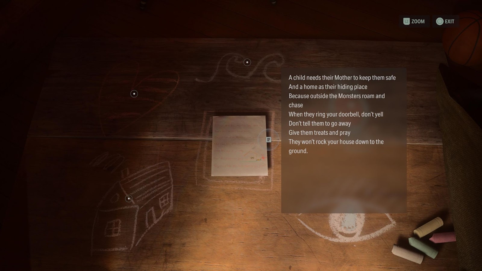 An in game screenshot of the ranger station nursery rhyme from Alan Wake 2. 
