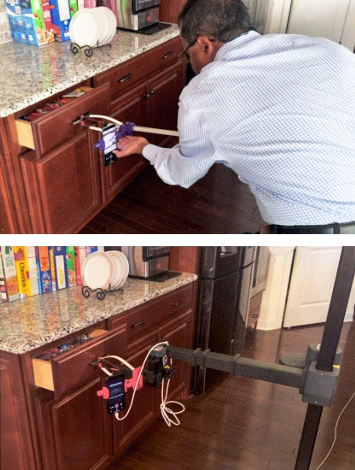 top frame shows a person recording themself opening a kitchen drawer with a grabber, and the bottom shows a robot attempting the same action
