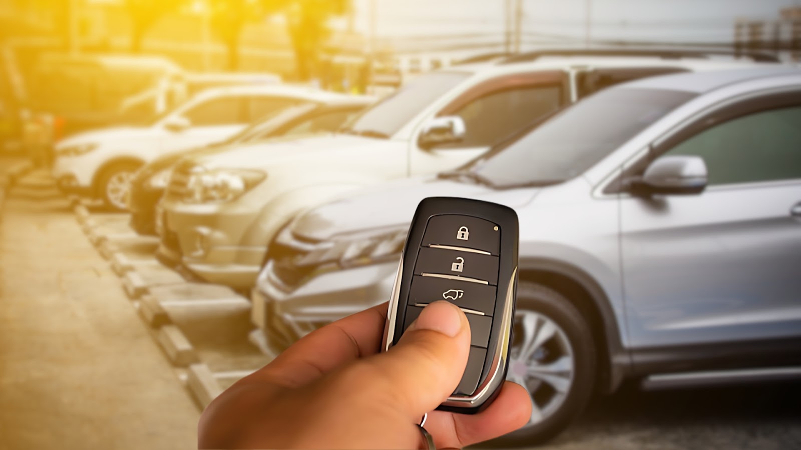 A car owner is holding a smart car key to unlock or start a vehicle remotely in a busy car parking lot.