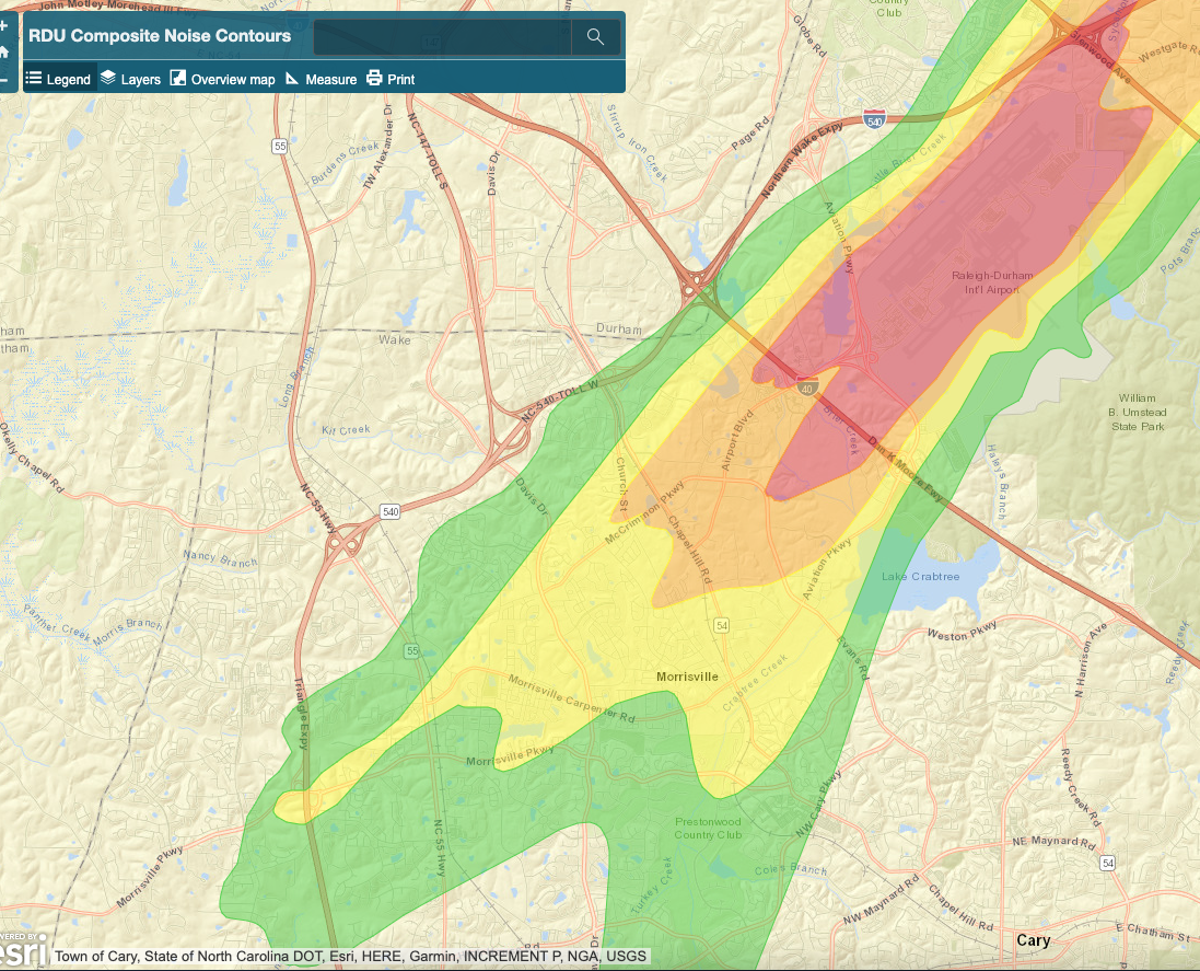 RDU Airport Noise Map. The noise levels are noted in color codes and much of the orange and yellow sits over Morrisville NC