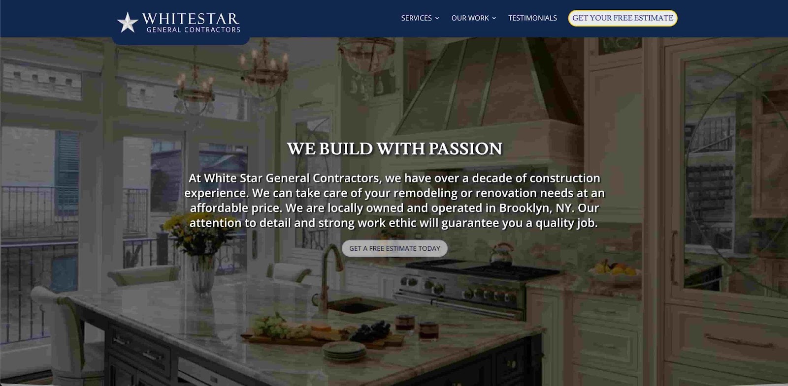 whitestar general contractors homepage with story of experience and CTA