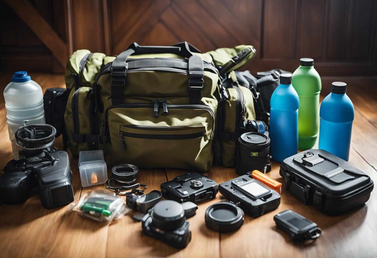 A bug out bag sits by a door, packed with survival gear and supplies for emergencies