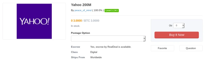 Dark Web sales listing screenshot for 200 million Yahoo user accounts