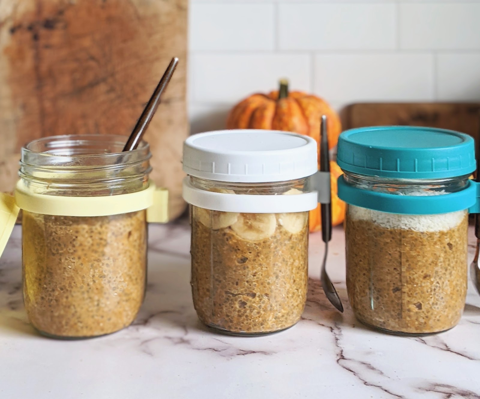 close up of chia pudding in portable jars