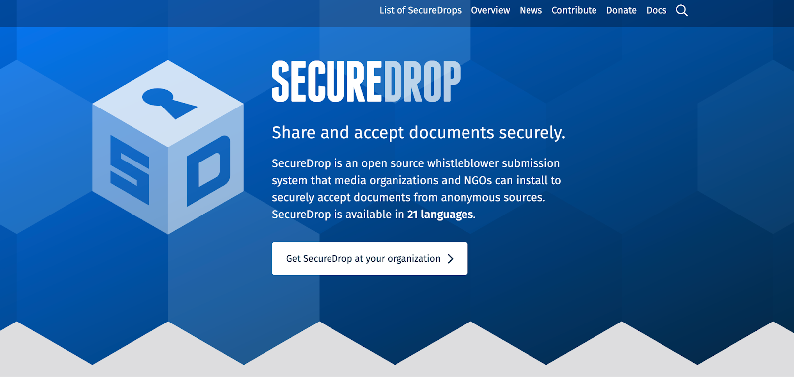 Screenshot van SecureDrop op het dark web