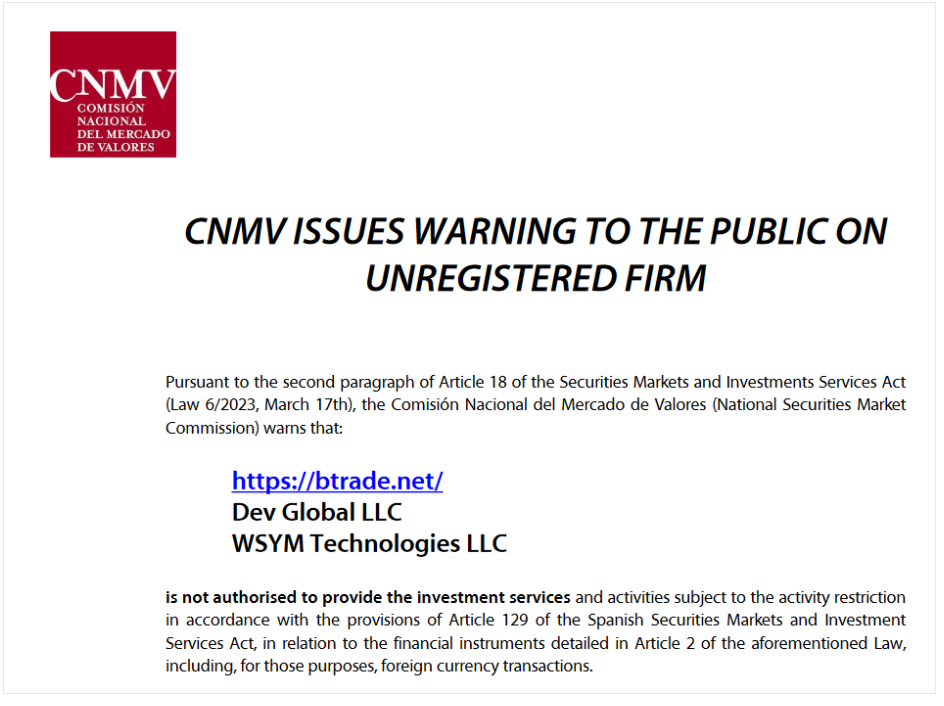 btrade cnmv warning