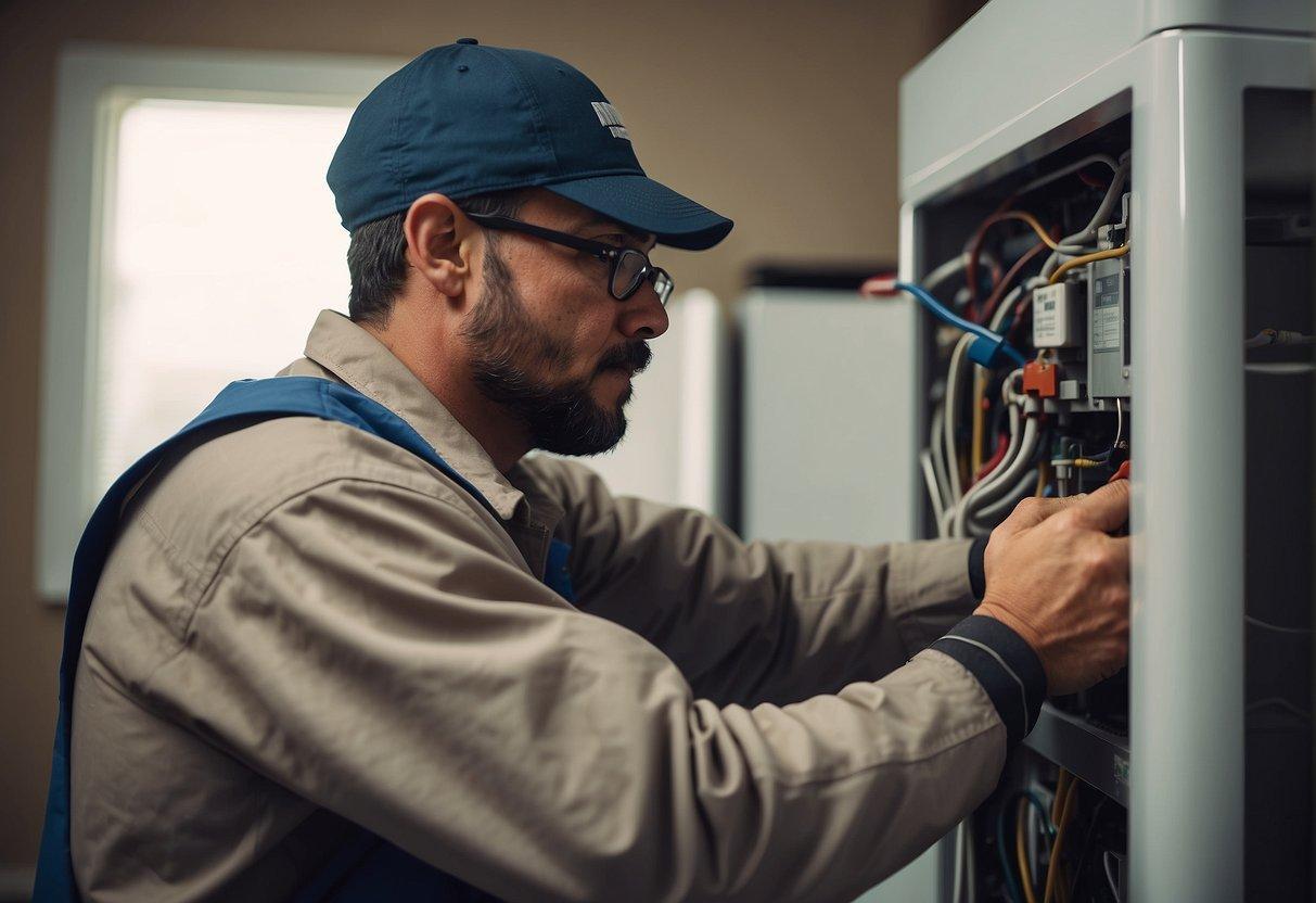 A maintenance technician inspects a rental property, checking HVAC, plumbing, and electrical systems. They replace filters, test smoke detectors, and inspect for any signs of wear or damage