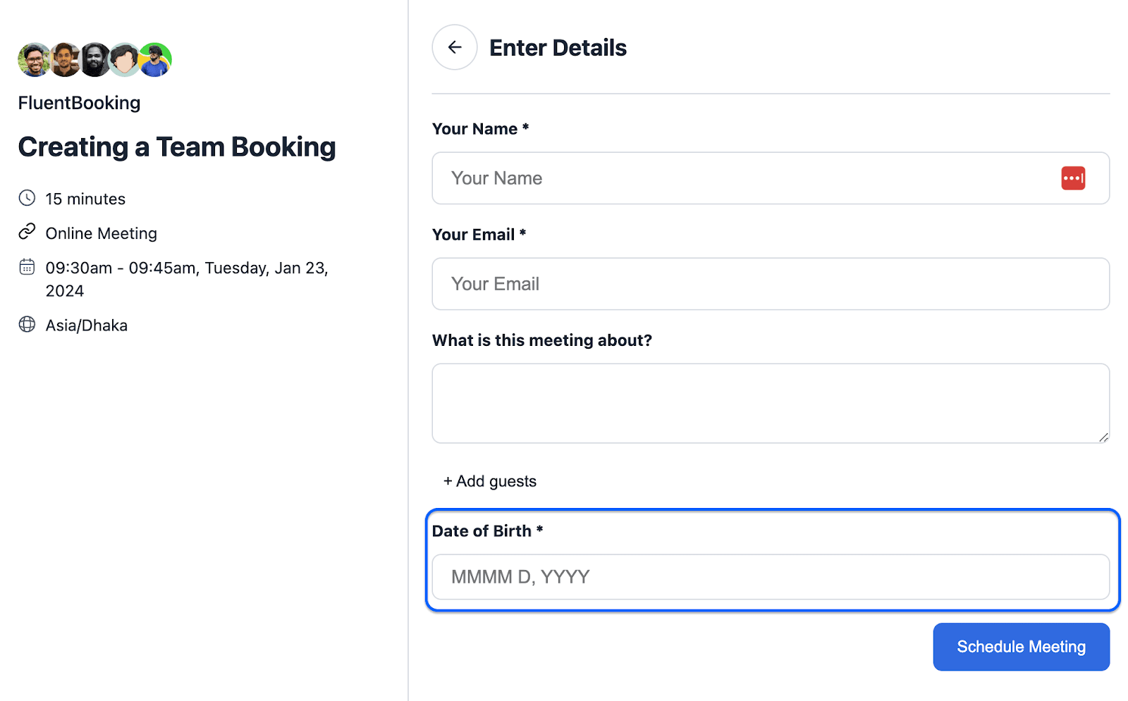 date input in fluentbooking form