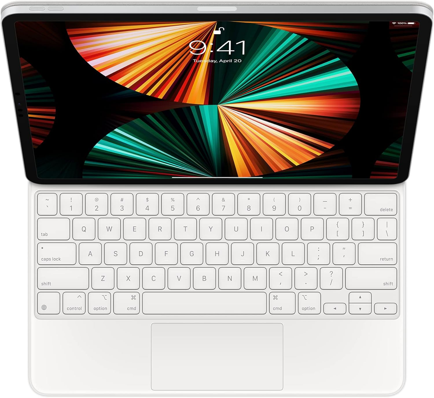 The front view of the Apple Magic Keyboard on a white background, showing its sleek and minimalist key layout.